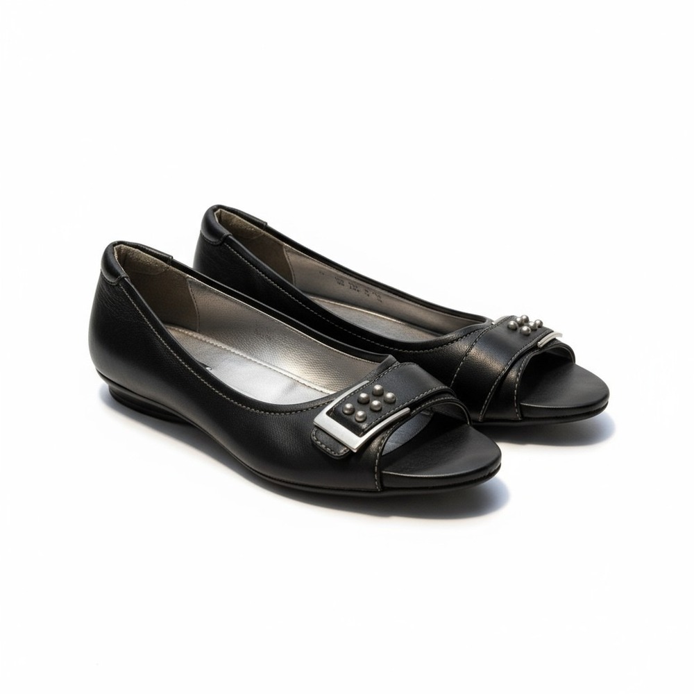 Ecco Black Leather Open Toe Heeled Pumps‎ Buckle Embellished Size 39